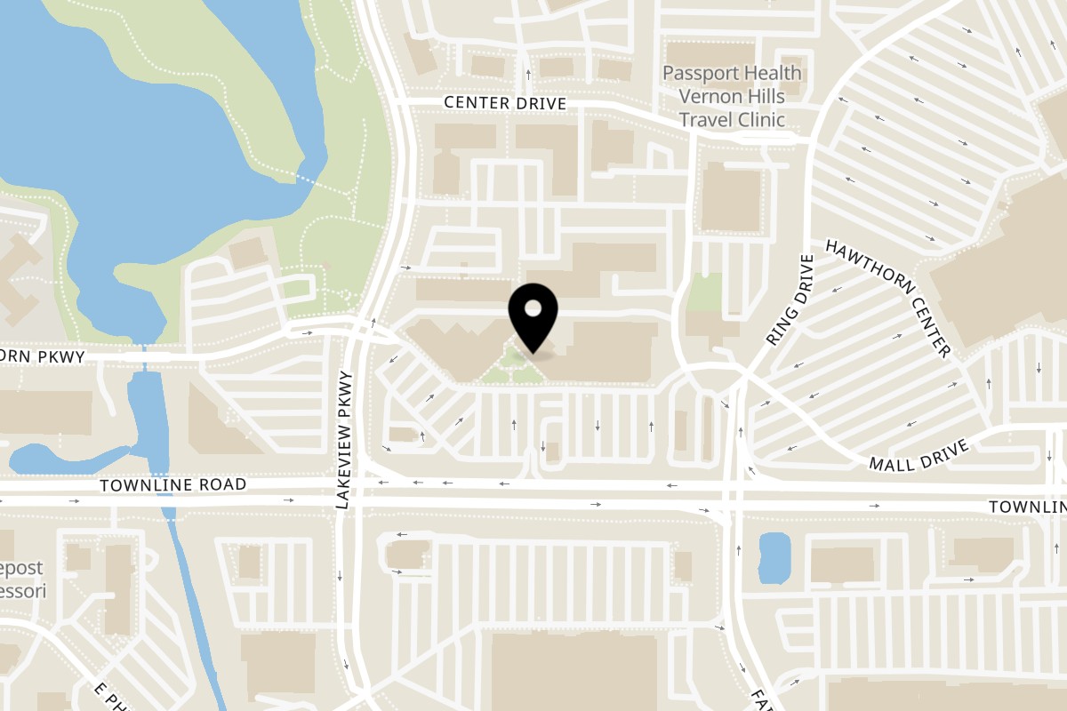 Map showing the location of Tasty Thai Restaurant on 276 Hawthorn Village Commons in Vernon Hills